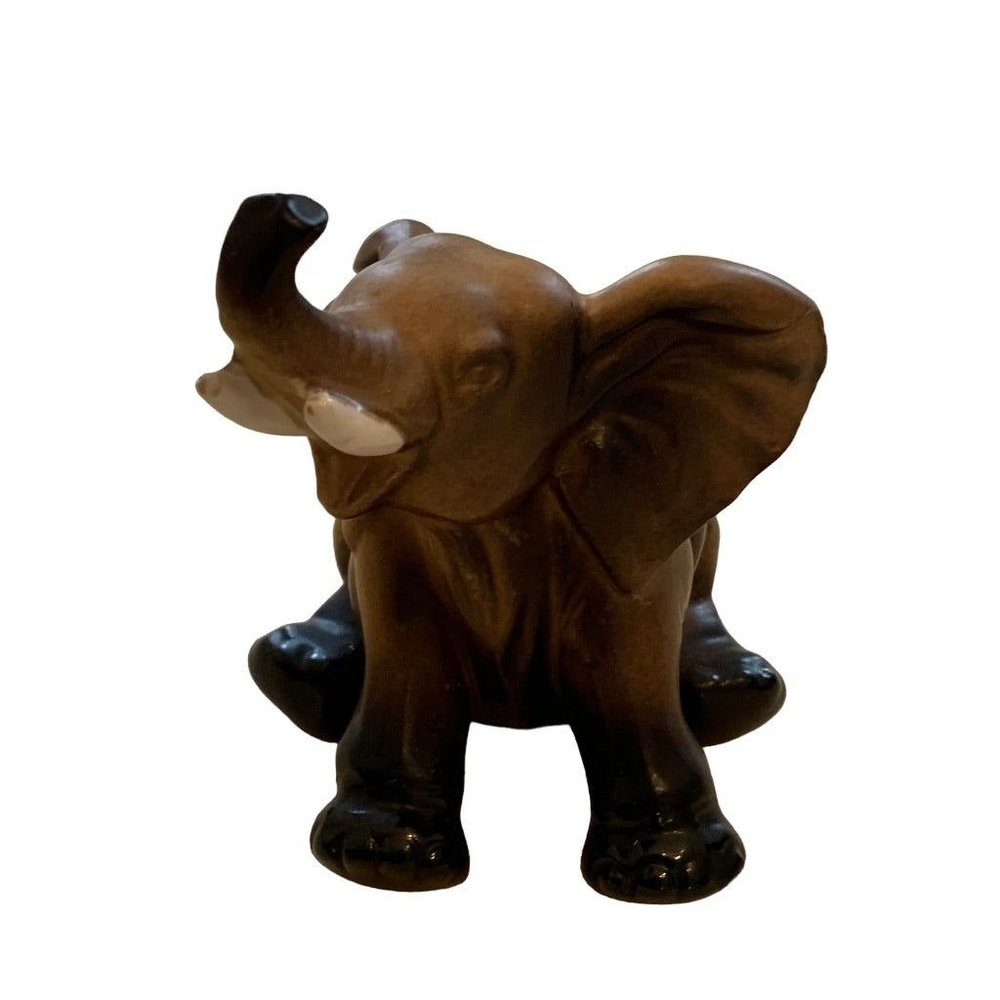 Vintage Lefton Elephant With trunk up Brown white black # H6980 3 3/4"